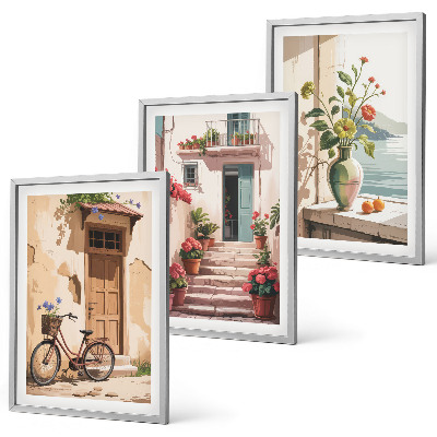 Conjunto de 3 quadros com moldura Ruas, flores e bicicletas