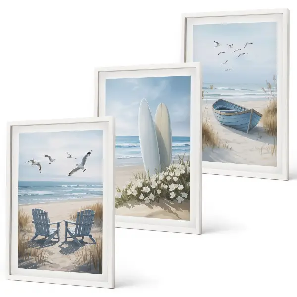 Conjunto de quadros para sala de estar com estampas de pranchas de surfe e pássaros na praia
