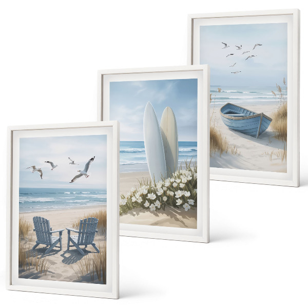 Conjunto de quadros para sala de estar pranchas de surfe de praia pássaros