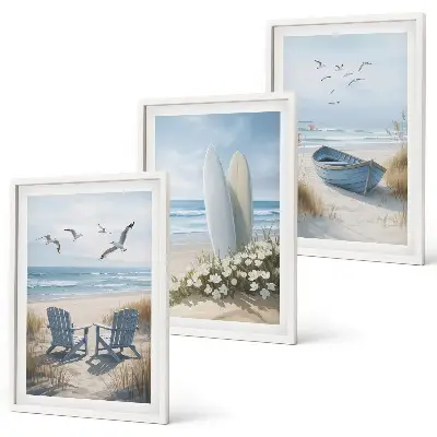 Conjunto de quadros para sala de estar com estampas de pranchas de surfe e pássaros na praia