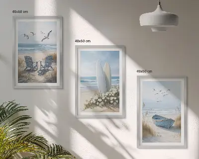 Conjunto de quadros para sala de estar com estampas de pranchas de surfe e pássaros na praia