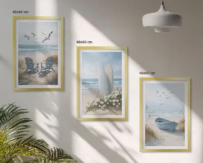 Conjunto de quadros para sala de estar com estampas de pranchas de surfe e pássaros na praia