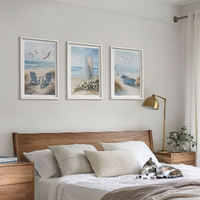 Conjunto de quadros para sala de estar pranchas de surfe de praia pássaros