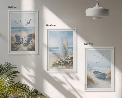 Conjunto de quadros para sala de estar com estampas de pranchas de surfe e pássaros na praia