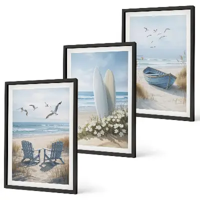 Conjunto de quadros para sala de estar com estampas de pranchas de surfe e pássaros na praia