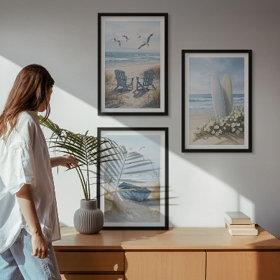 Conjunto de quadros para sala de estar pranchas de surfe de praia pássaros