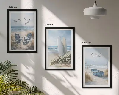Conjunto de quadros para sala de estar com estampas de pranchas de surfe e pássaros na praia