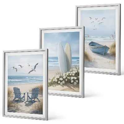 Conjunto de quadros para sala de estar com estampas de pranchas de surfe e pássaros na praia