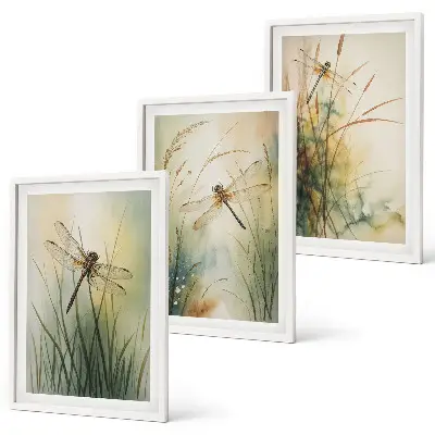 Conjunto de quadros moderno grama e libélula sobre a água