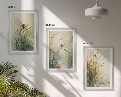 Conjunto de quadros moderno grama e libélula sobre a água