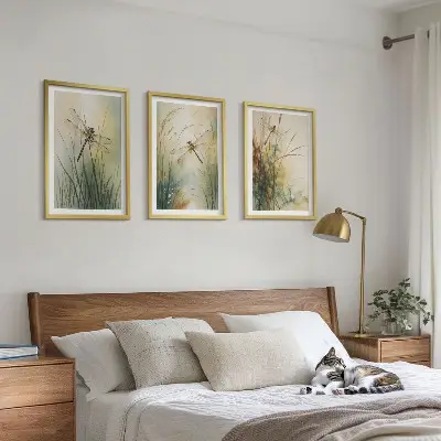 Conjunto de quadros moderno grama e libélula sobre a água