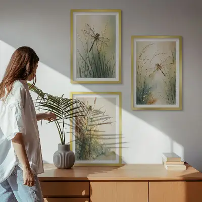 Conjunto de quadros moderno grama e libélula sobre a água
