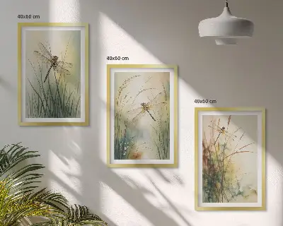 Conjunto de quadros moderno grama e libélula sobre a água