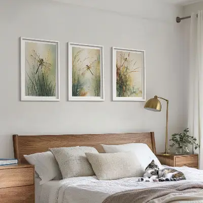 Conjunto de quadros moderno grama e libélula sobre a água