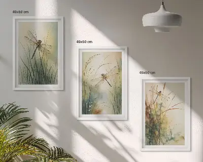 Conjunto de quadros moderno grama e libélula sobre a água