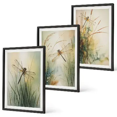 Conjunto de quadros moderno grama e libélula sobre a água