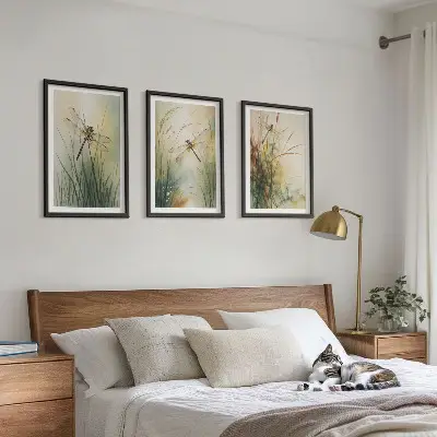 Conjunto de quadros moderno grama e libélula sobre a água