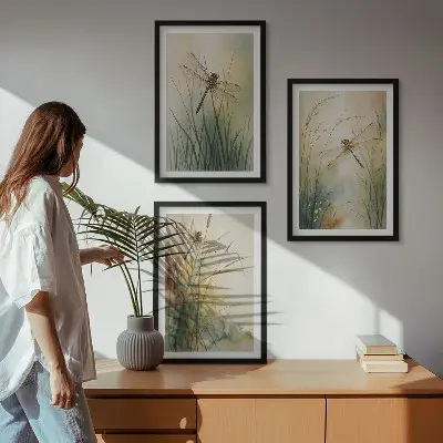 Conjunto de quadros moderno grama e libélula sobre a água