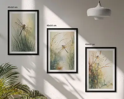 Conjunto de quadros moderno grama e libélula sobre a água