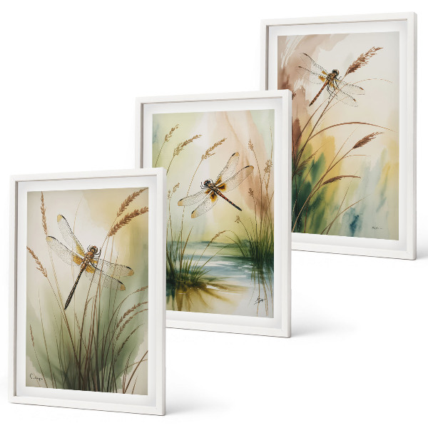 Conjunto de 3 quadros com moldura Pintura de libélulas, grama e água