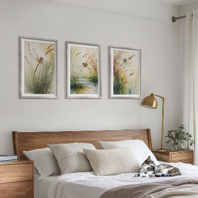 Conjunto de 3 quadros com moldura Pintura de libélulas, grama e água