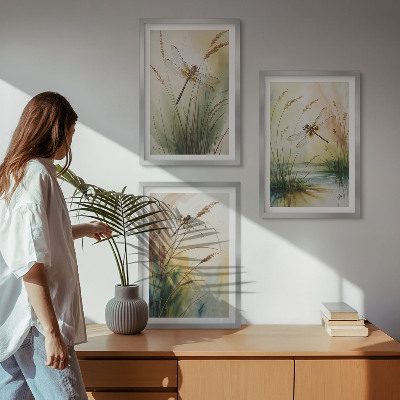 Conjunto de 3 quadros com moldura Pintura de libélulas, grama e água