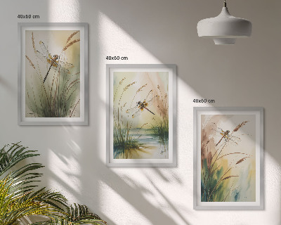 Conjunto de 3 quadros com moldura Pintura de libélulas, grama e água