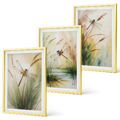 Conjunto de 3 quadros com moldura Pintura de libélulas, grama e água