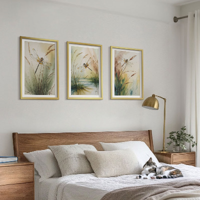 Conjunto de 3 quadros com moldura Pintura de libélulas, grama e água