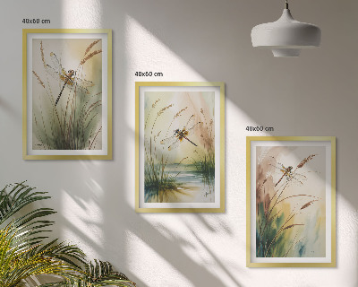 Conjunto de 3 quadros com moldura Pintura de libélulas, grama e água