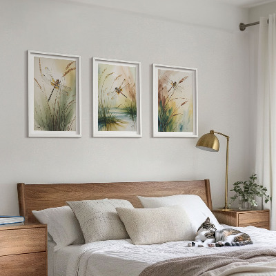 Conjunto de 3 quadros com moldura Pintura de libélulas, grama e água