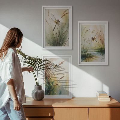Conjunto de 3 quadros com moldura Pintura de libélulas, grama e água
