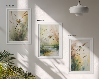 Conjunto de 3 quadros com moldura Pintura de libélulas, grama e água