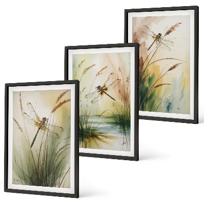 Conjunto de 3 quadros com moldura Pintura de libélulas, grama e água