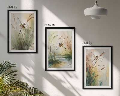 Conjunto de 3 quadros com moldura Pintura de libélulas, grama e água