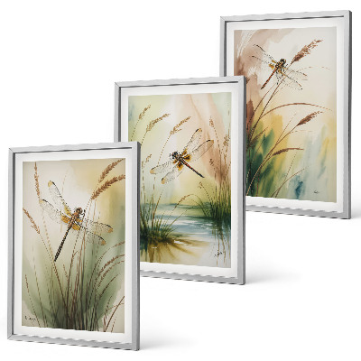 Conjunto de 3 quadros com moldura Pintura de libélulas, grama e água