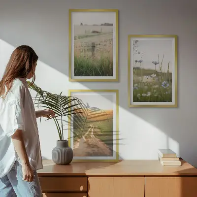 Conjunto de quadros decorativos modernos com paisagens de natureza campos e caminhos