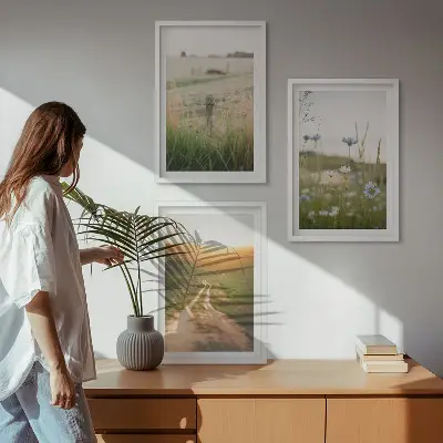 Conjunto de quadros decorativos modernos com paisagens de natureza campos e caminhos