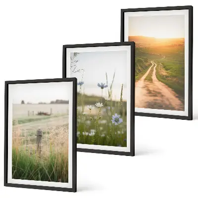 Conjunto de quadros decorativos modernos com paisagens de natureza campos e caminhos