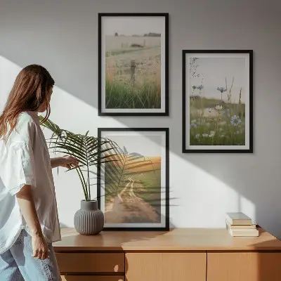 Conjunto de quadros decorativos modernos com paisagens de natureza campos e caminhos