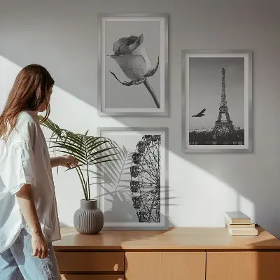 Composição de quadros moderna com a Torre Eiffel e roda-gigante estilo rosa