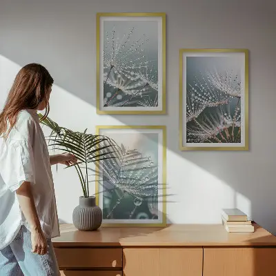 Conjunto de quadros para sala de estar com estampa de gotas de água em brotos de dente-de-leão
