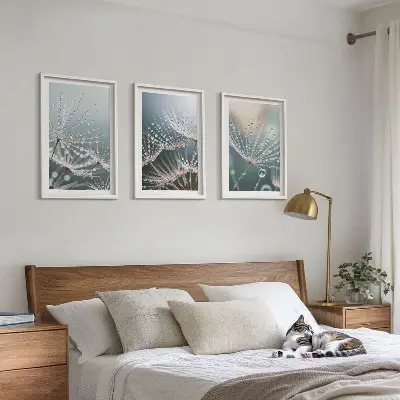 Conjunto de quadros para sala de estar com estampa de gotas de água em brotos de dente-de-leão