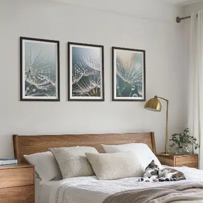 Conjunto de quadros para sala de estar com estampa de gotas de água em brotos de dente-de-leão
