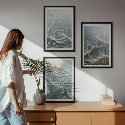 Conjunto de quadros para sala de estar com estampa de gotas de água em brotos de dente-de-leão