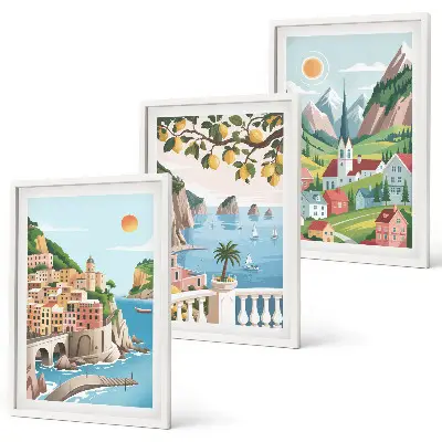 Conjunto de quadros para sala de estar com estampas de paisagens, mar e frutas cítricas