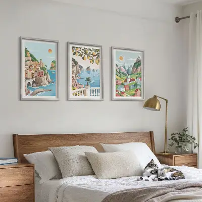 Conjunto de quadros para sala de estar com estampas de paisagens, mar e frutas cítricas