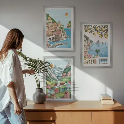 Conjunto de quadros para sala de estar com estampas de paisagens, mar e frutas cítricas