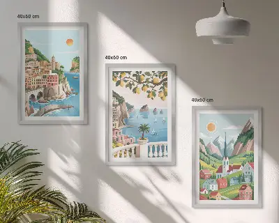 Conjunto de quadros para sala de estar com estampas de paisagens, mar e frutas cítricas