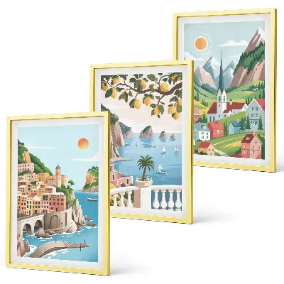 Conjunto de quadros para sala de estar com estampas de paisagens, mar e frutas cítricas